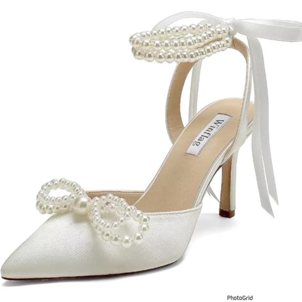 White Satin Pointed-Toe Heels with Pearl Bow and Ankle Tie